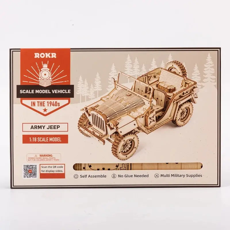 Modello in legno di jeep militare 1940 in scala 1:18 per ArmyRover Puzzle.