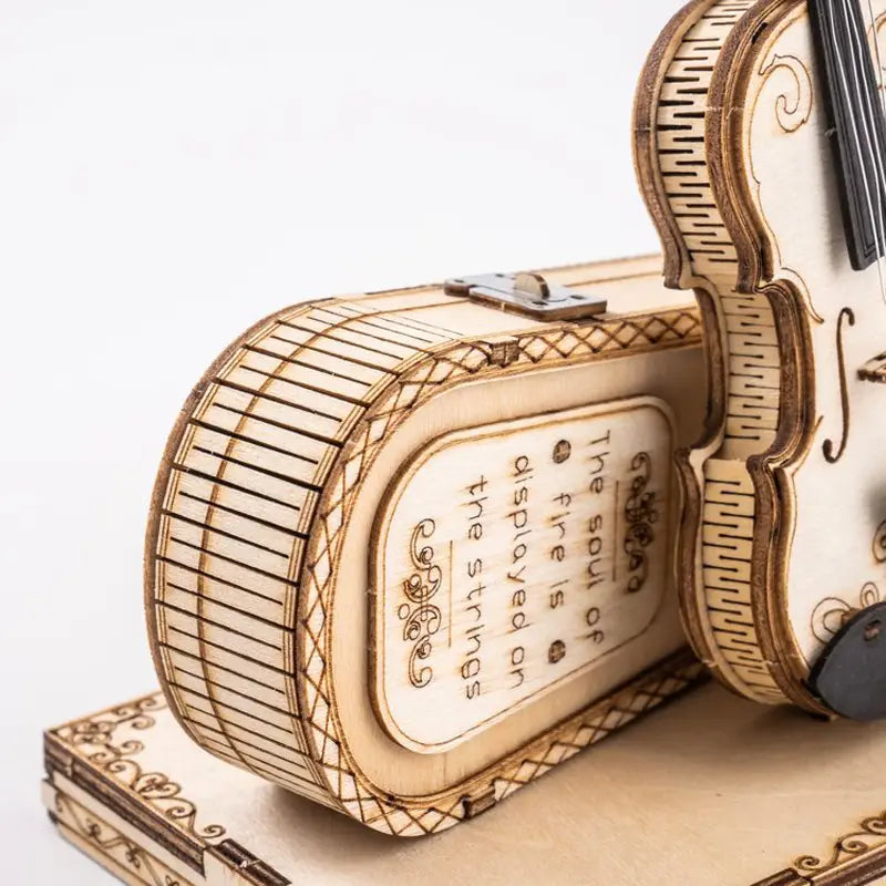 VoxPuzzle 3D Violin Wooden Model with Carved Design and Engraved Text.