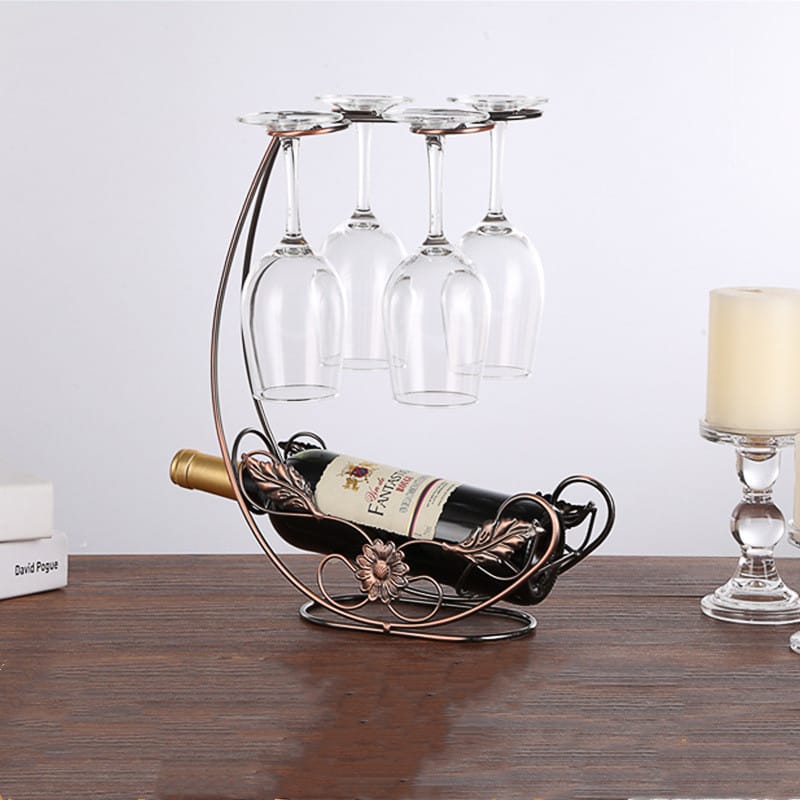 Portabottiglie curvo in metallo con rack per quattro bicchieri Wine&Copper Sostegno.