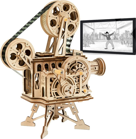 Wooden model of a vintage VitaScope projector for small filmmakers with gears.