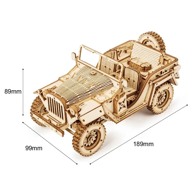 Modello in legno di un jeep militare vintage con dettagli laser, ArmyRover Puzzle.