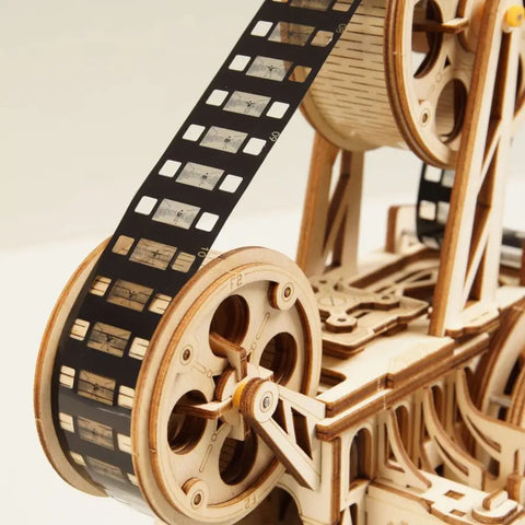 Wooden mechanical model of VitaScope projector for little filmmakers and creative gadgets.