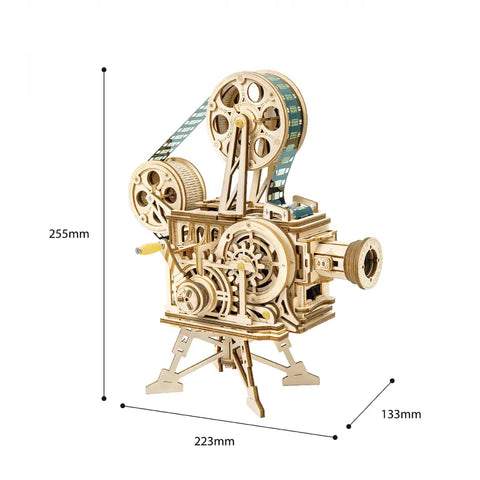 Modello meccanico in legno di proiettore vintage per piccoli registi, gadget con istruzioni dettagliate.