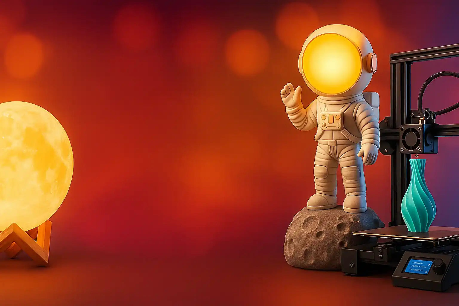 Una figurina di astronauta con un casco luminoso e una stampante 3D che crea un vaso turchese.