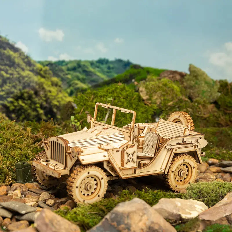 Rompecabezas 3D modelo jeep militar de madera ArmyRover con instrucciones detalladas.