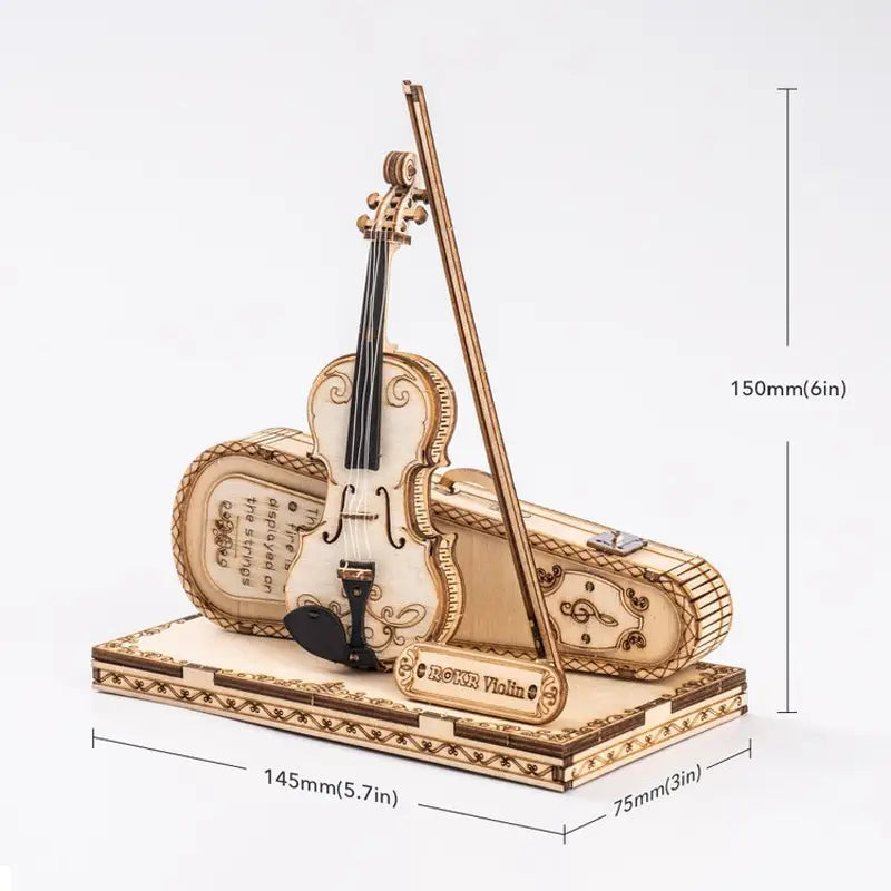 VoxPuzzle 3D Wooden Violin Model with Case and Bow.