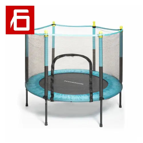 Trampolino per bambini con rete di sicurezza e telaio imbottito.